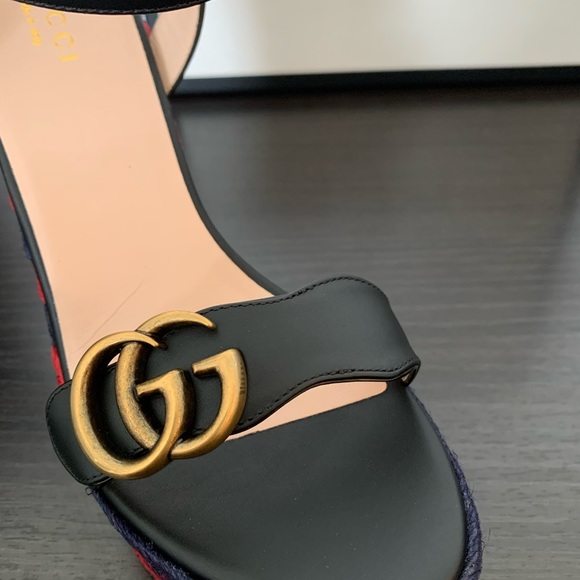 WOMENS GUCCI MARMONT LIFFORD BLACK LEATHER HEEL PLATFORM ESPADRILLE WEDGE SIZE 7 - Picture 4 of 9